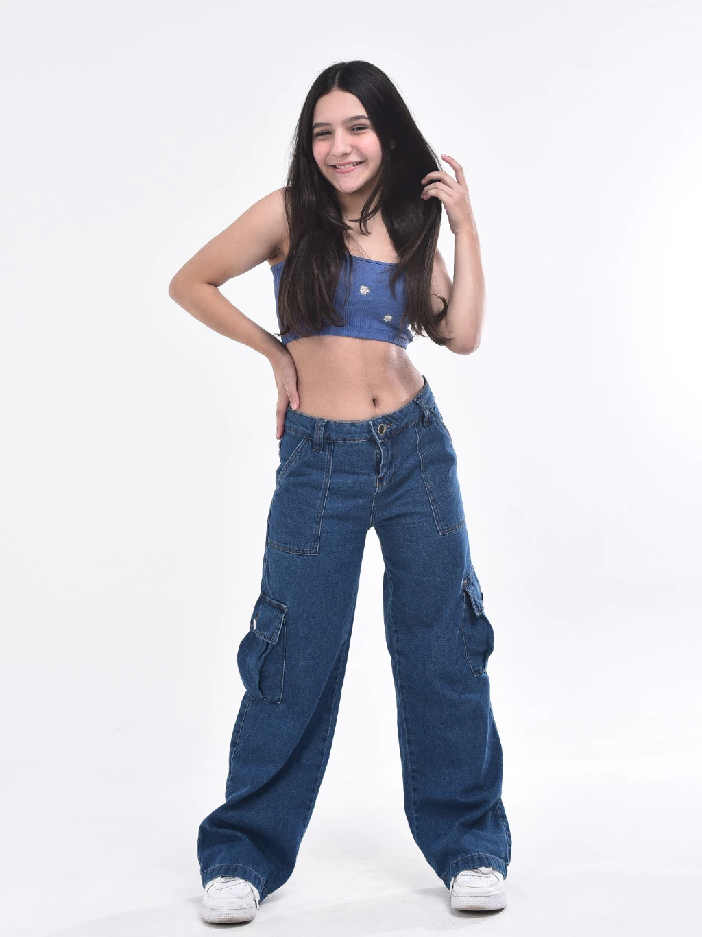 Calça Cargo Jeans Menina blogueirinha Juvenil 10 ao 16 anos com bolsos laterais - Imagem 2
