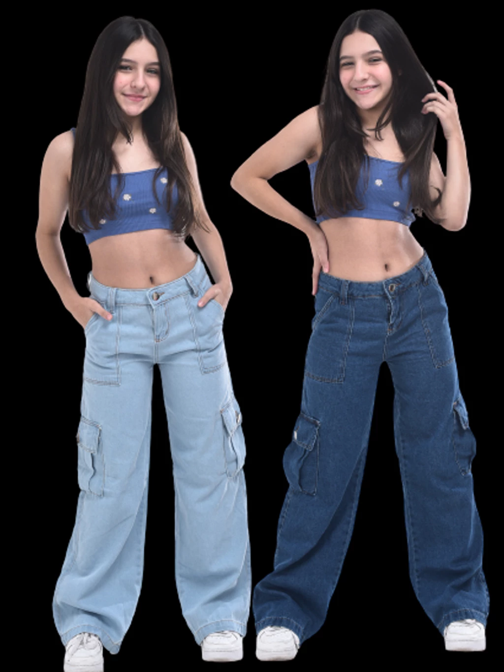 Calça Cargo Jeans Menina blogueirinha Juvenil 10 ao 16 anos com bolsos laterais premium