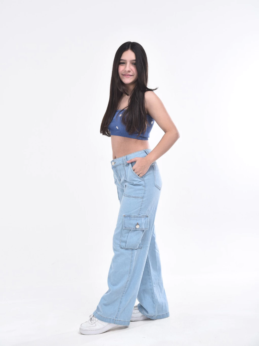 Calça Cargo Jeans Menina blogueirinha Juvenil 10 ao 16 anos com bolsos laterais - Imagem 5