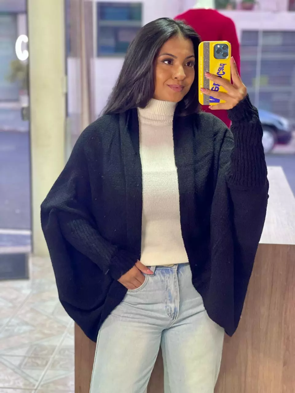 Casaco de Tricot Mousse Quentinho Cardigã Capa Quimono Feminino Liso Despojado - Imagem 5