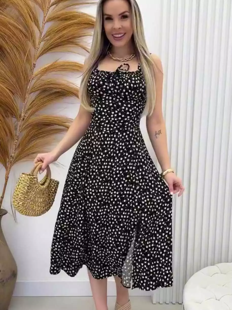 Vestido Feminino Mídi Romântico Estampa Floral | Fenda lateral Laço no Busto