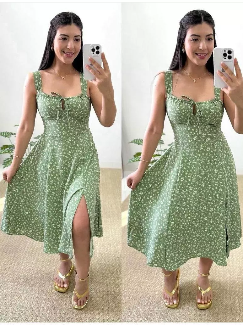 Vestido Feminino Mídi Romântico Estampa Floral | Fenda lateral Laço no Busto