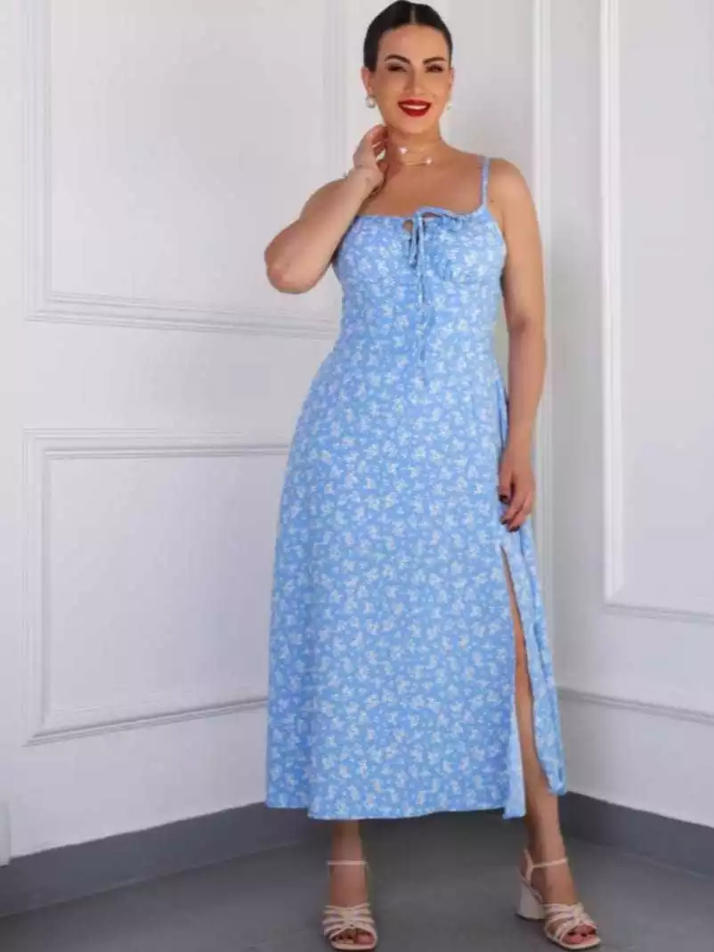 Vestido Feminino Mídi Romântico Estampa Floral | Fenda lateral Laço no Busto