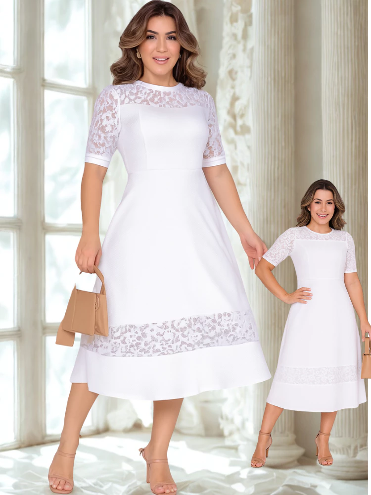 Vestido Mídi Feminino Rodado Renda Manga Clássico Luxo - Imagem 4
