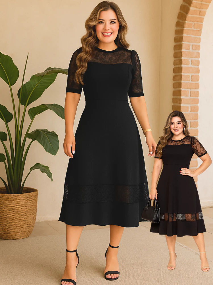 Vestido Mídi Feminino Rodado Renda Manga Clássico Luxo