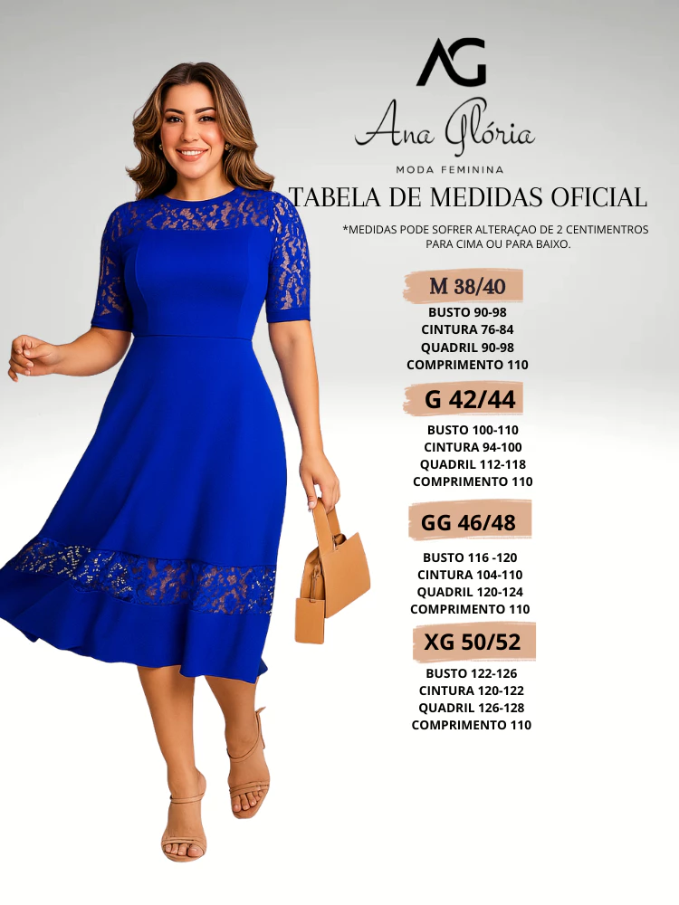 Vestido Mídi Feminino Rodado Renda Manga Clássico Luxo - Imagem 2
