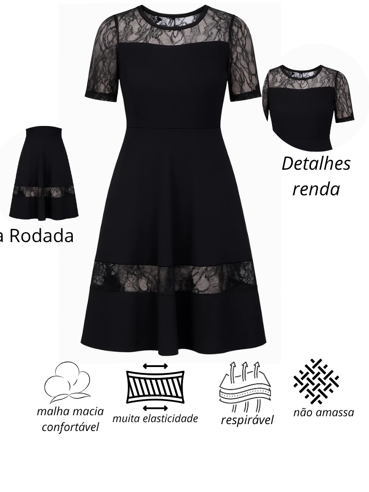 Vestido Mídi Feminino Rodado Renda Manga Clássico Luxo - Imagem 8