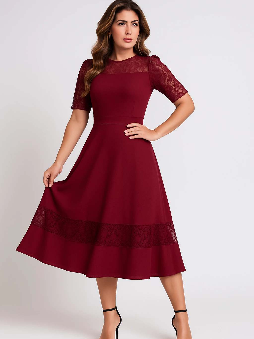 Vestido Mídi Feminino Rodado Renda Manga Clássico Luxo - Imagem 5