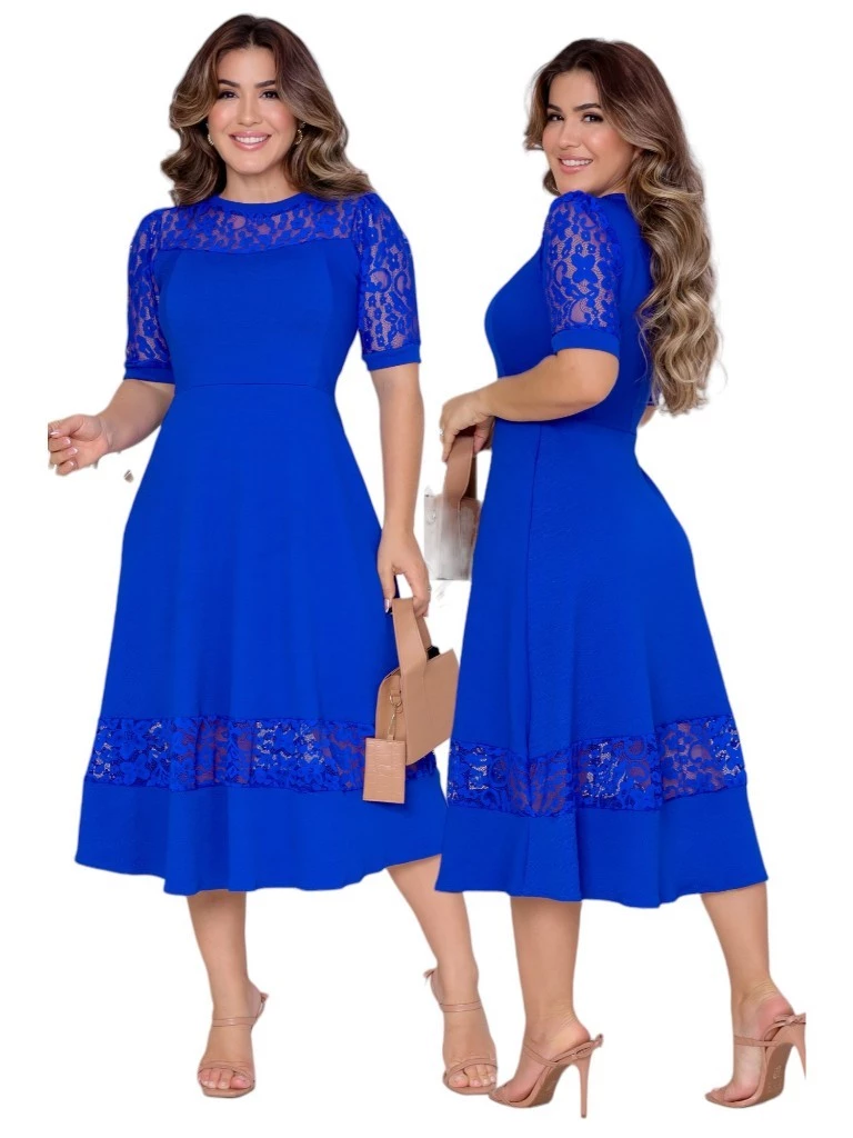 Vestido Mídi Feminino Rodado Renda Manga Clássico Luxo - Imagem 6