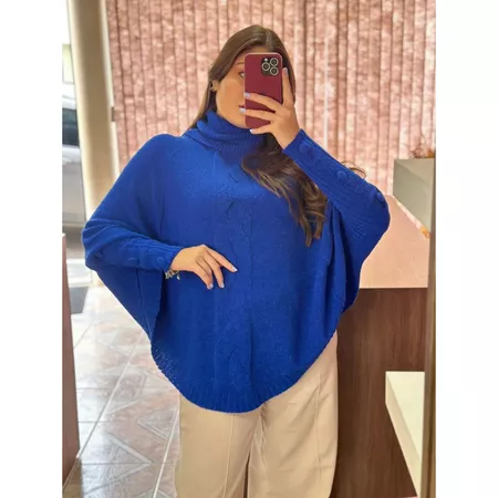 Blusa de Tricot Mousse Poncho Despojado Feminino de Inverno Tranças e Gola Boba Alta Botões - Imagem 8