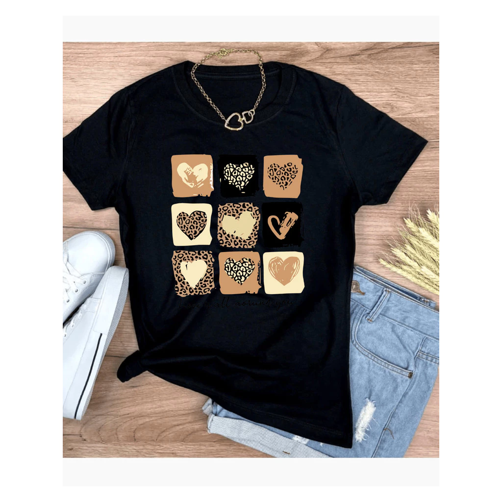 Camiseta T-shirt Love Coração Animal Print Tendencia Babylook 100% Algodão - Imagem 3