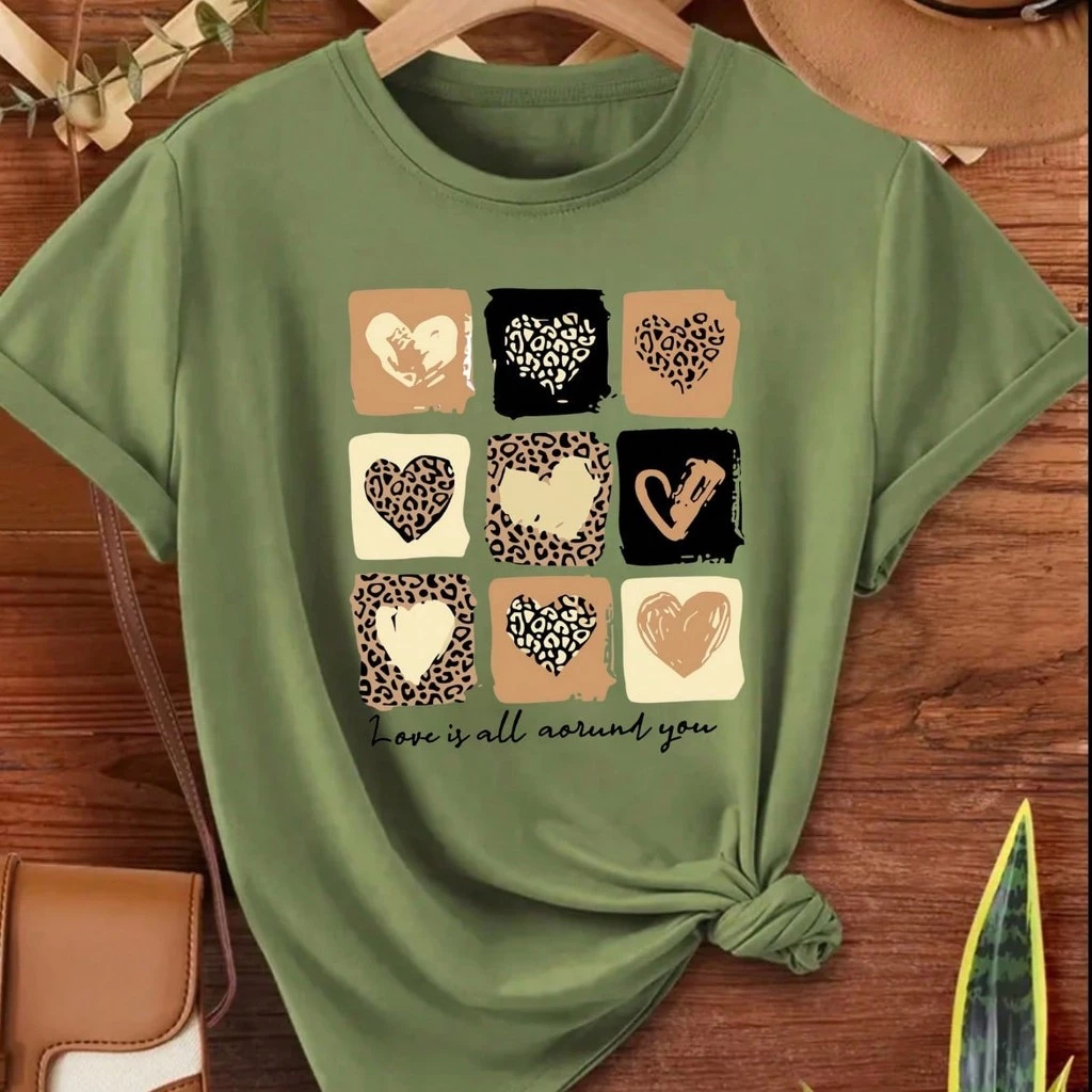 Camiseta T-shirt Love Coração Animal Print Tendencia Babylook 100% Algodão