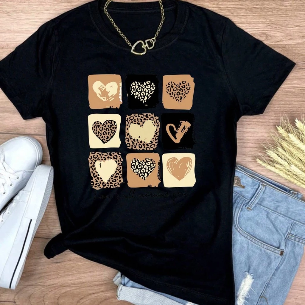 Camiseta T-shirt Love Coração Animal Print Tendencia Babylook 100% Algodão - Imagem 4