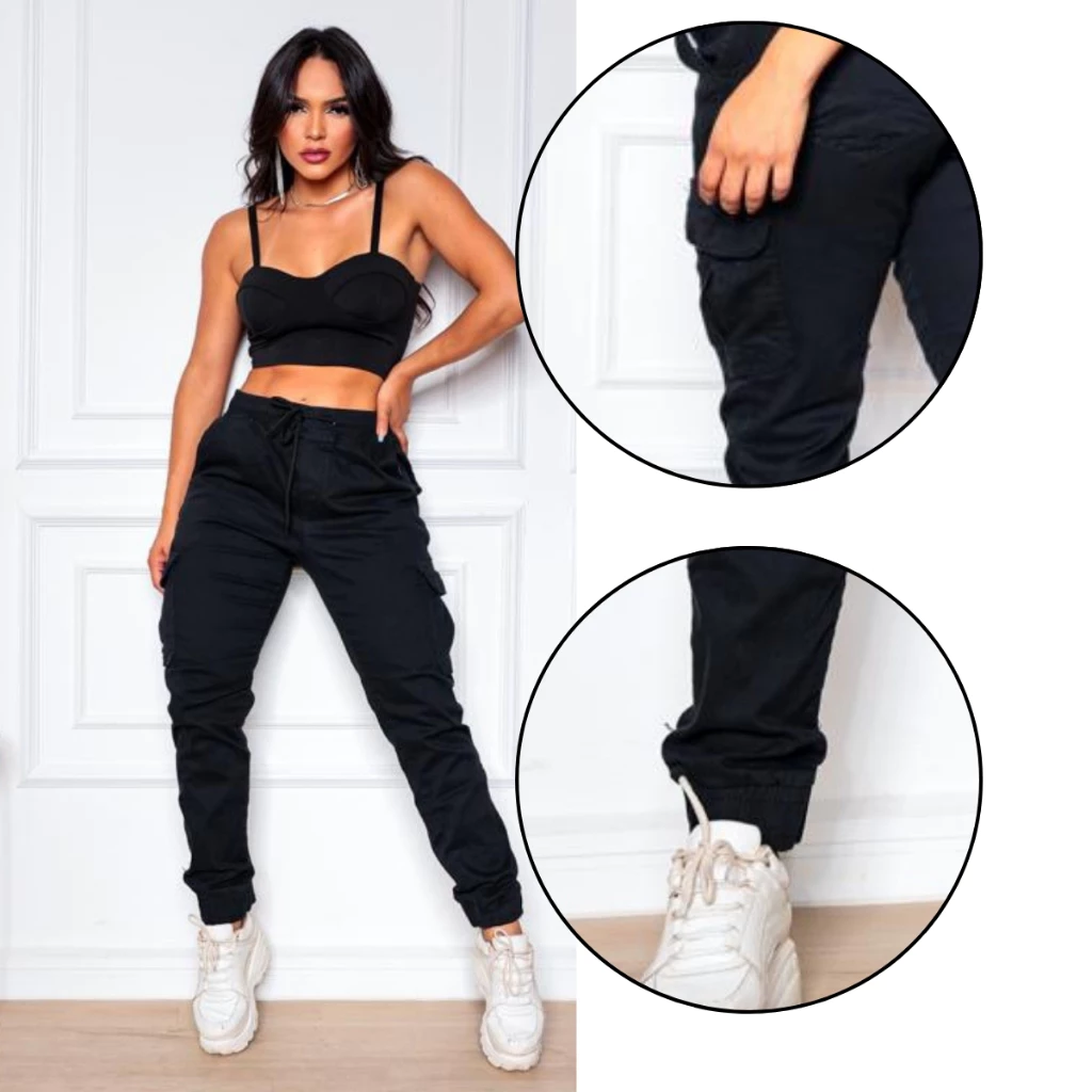 Calça Jogger Cargo Feminina Com Punho Bolso Lateral Sarja - Imagem 3