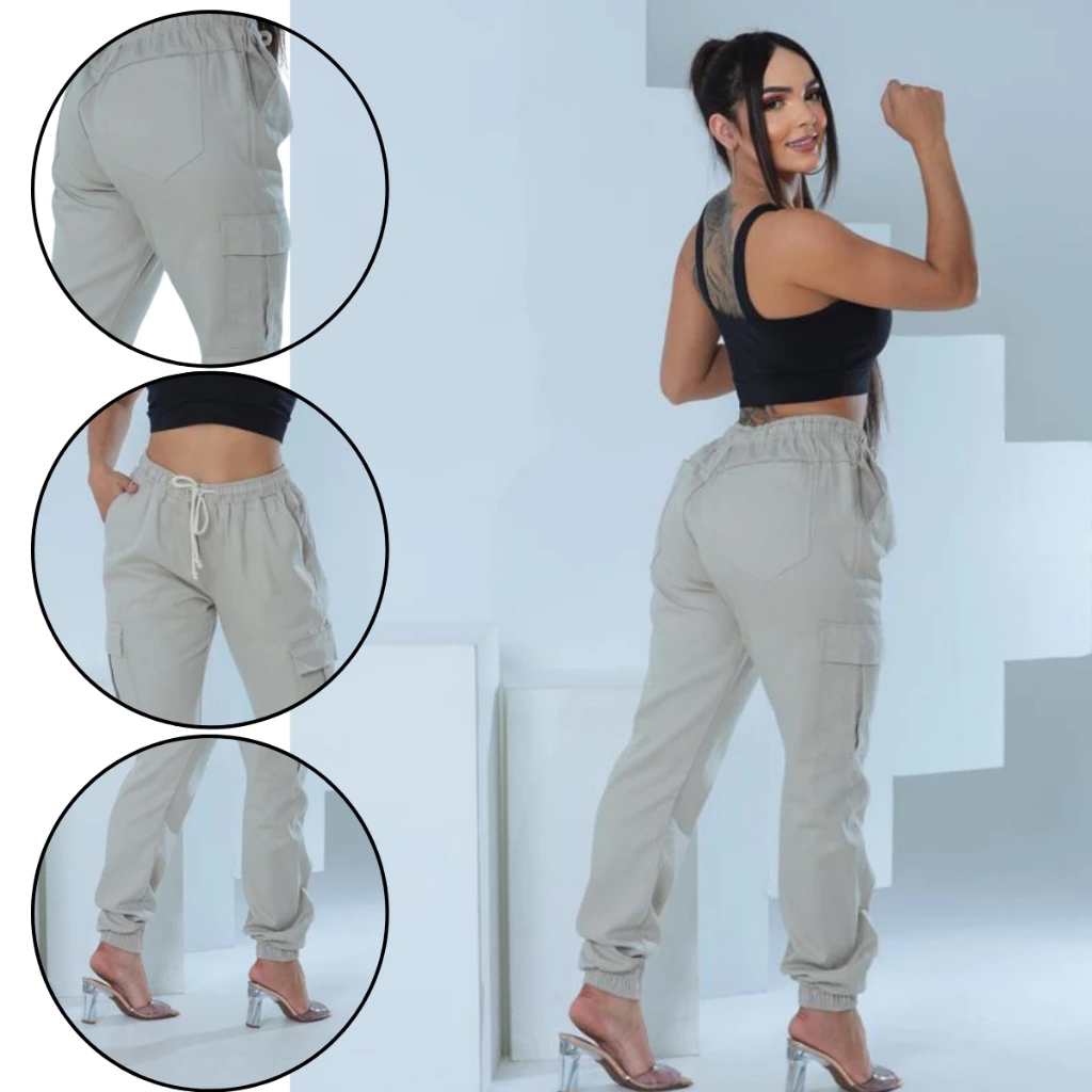 Calça Jogger Cargo Feminina Com Punho Bolso Lateral Sarja - Imagem 2